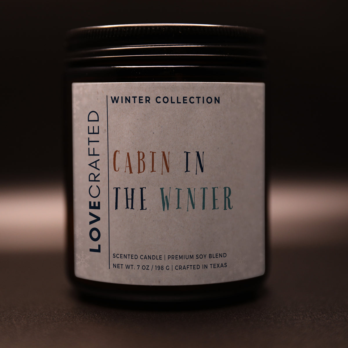 Cabin in the Winter 7oz soy blend candle in amber jar