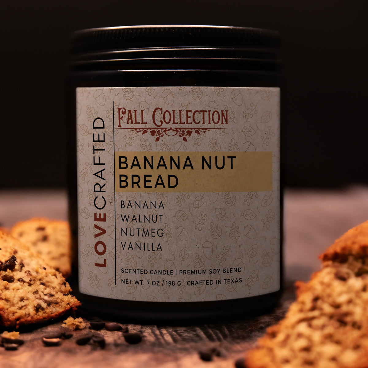 Banana Nut Bread 7oz soy blend candle in amber jar with walnuts and banana bread