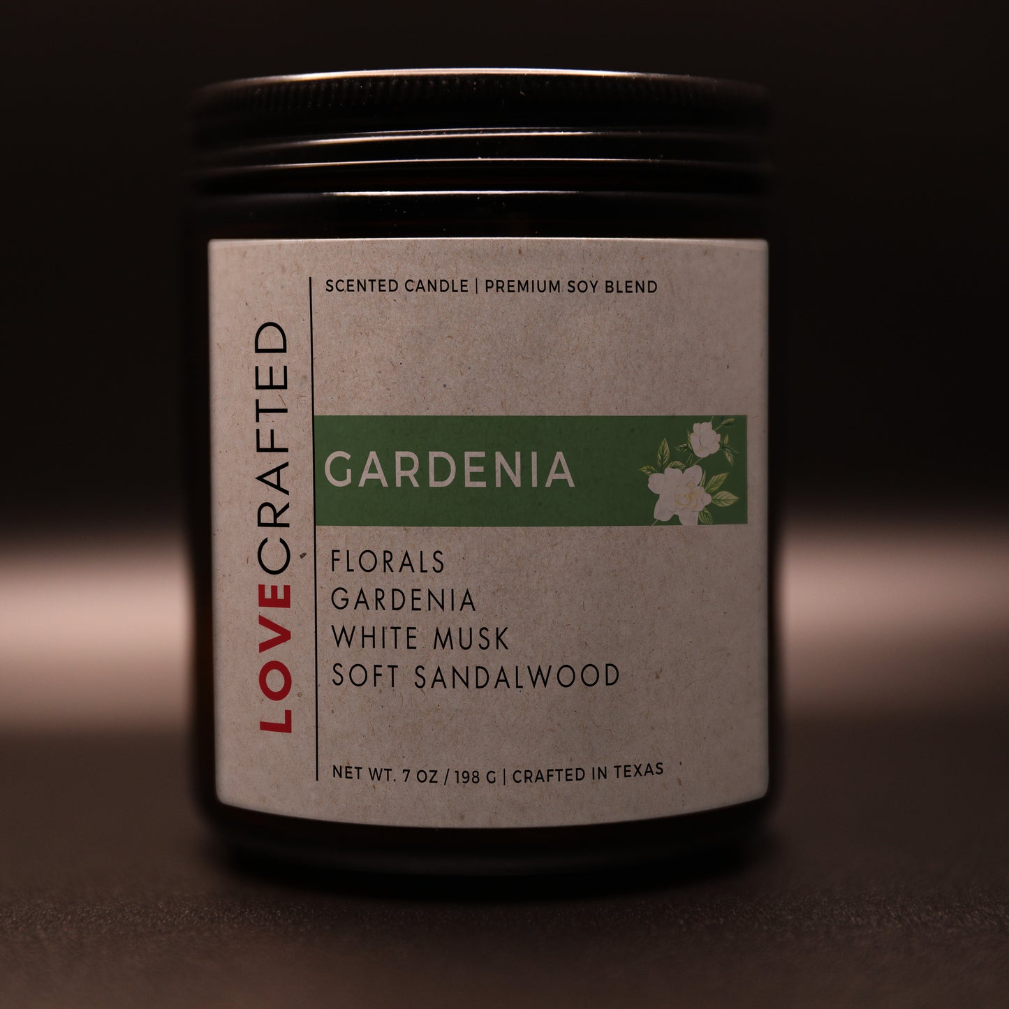 Gardenia 7oz soy blend candle in amber jar