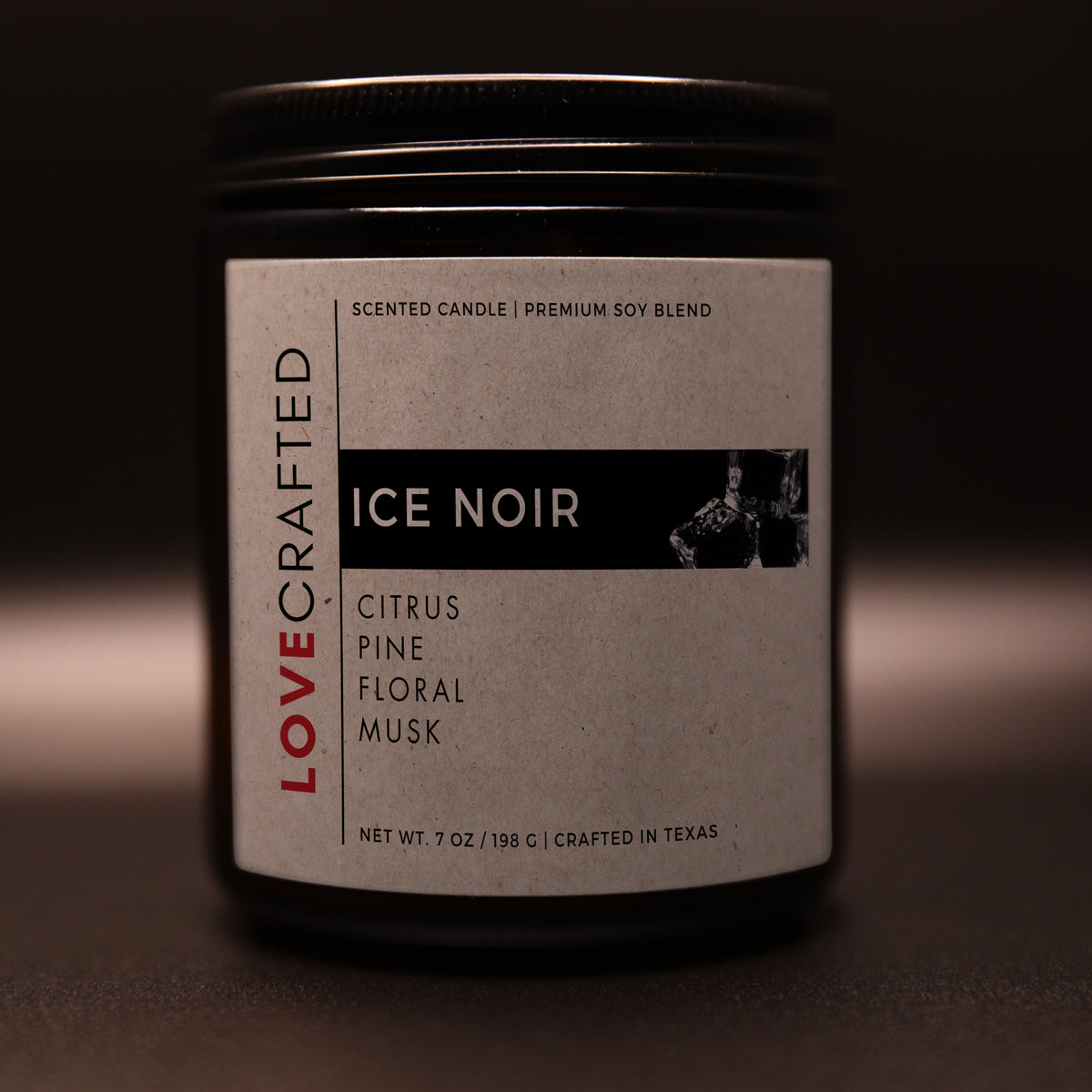 Ice Noir 7oz soy blend candle in amber jar