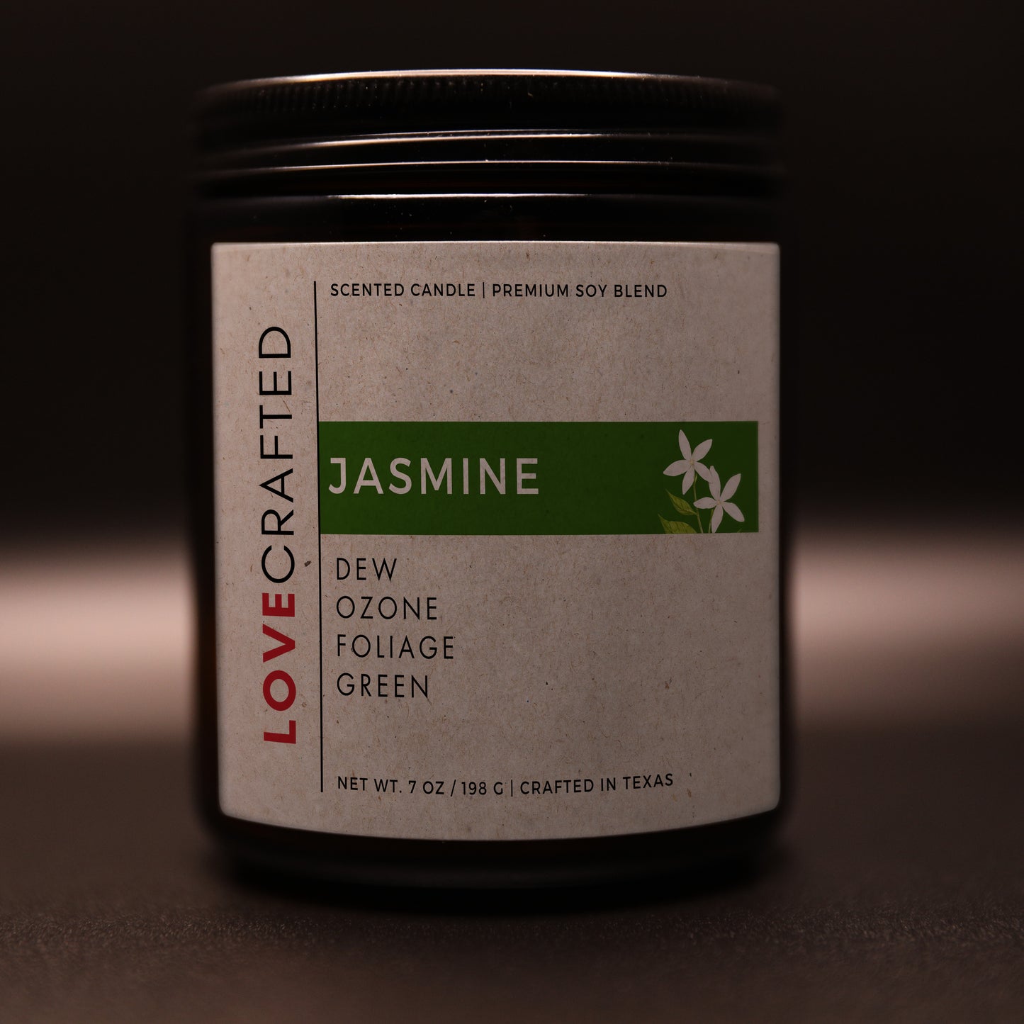 Jasmine 7oz soy blend candle in amber jar