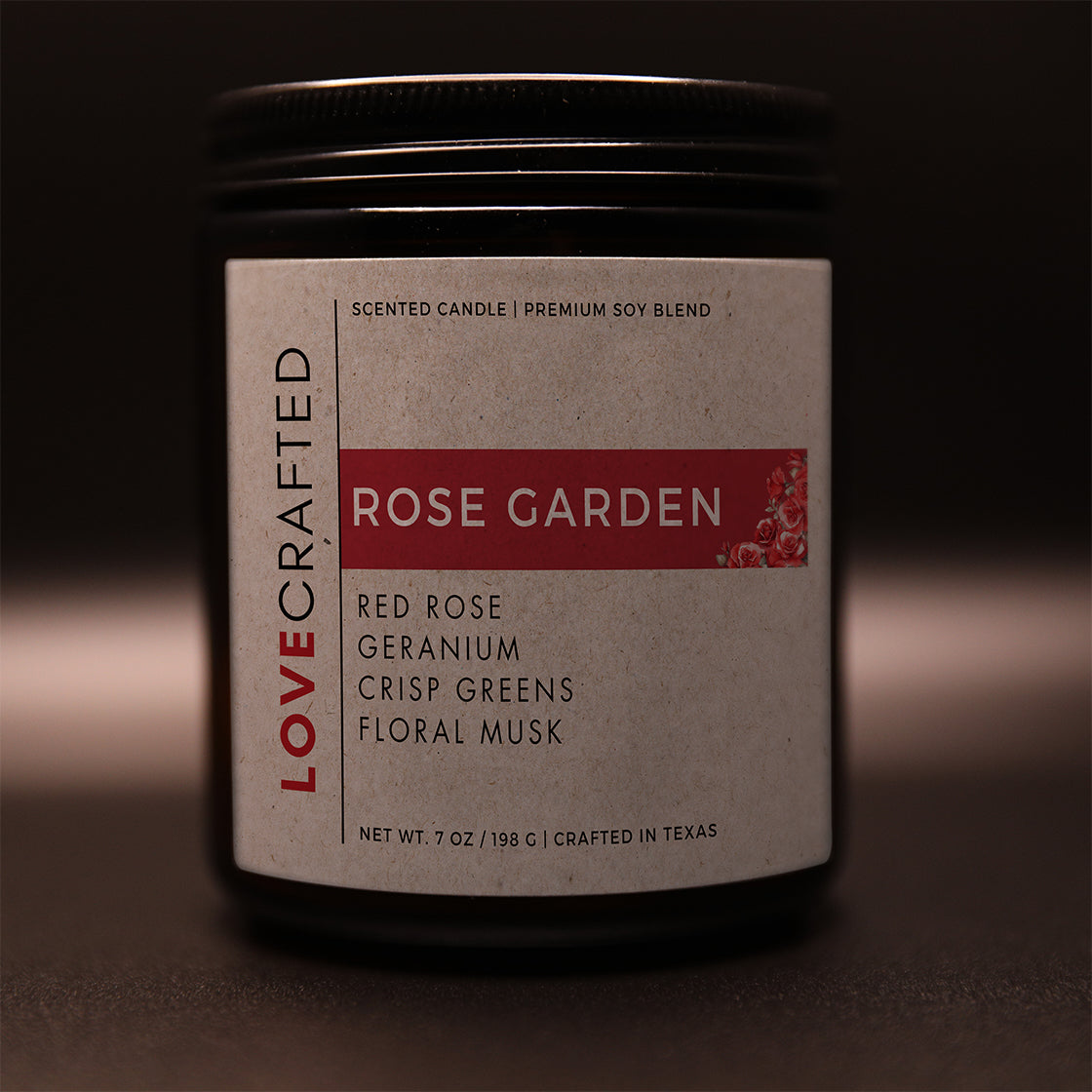 Rose Garden 7oz soy blend candle in amber jar