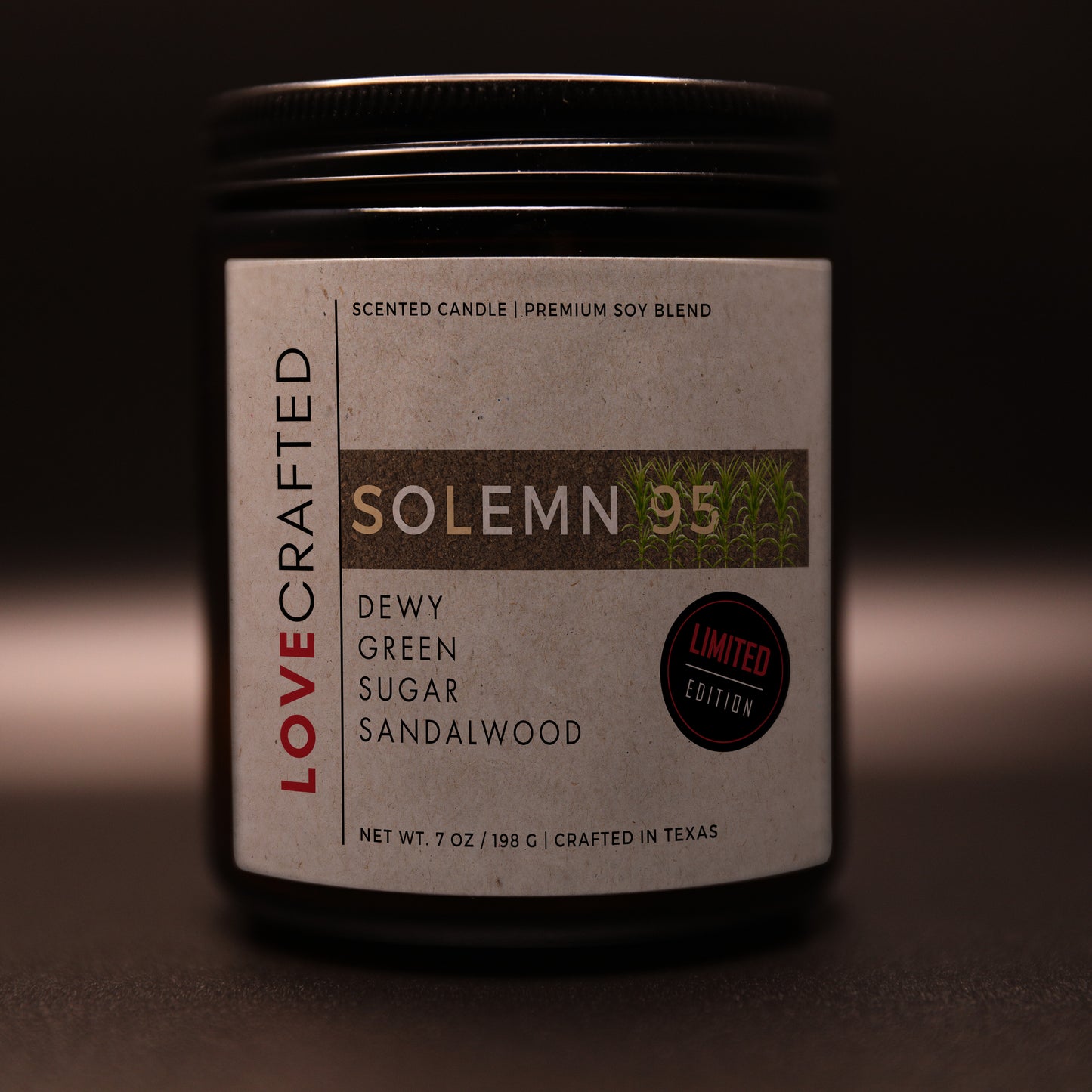 Solemn 95 7oz soy blend candle in amber jar