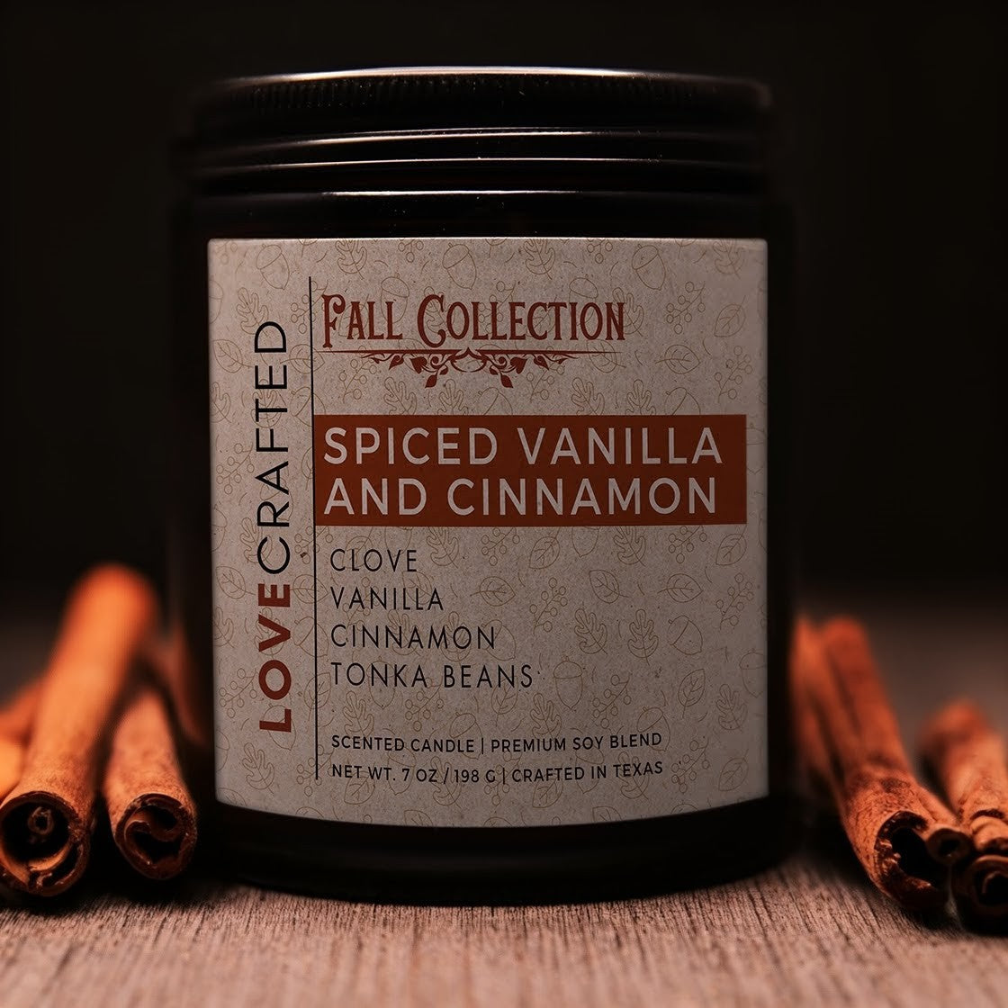 Spiced Vanilla and Cinnamon 7oz soy blend candle in amber jar with cinnamon sticks
