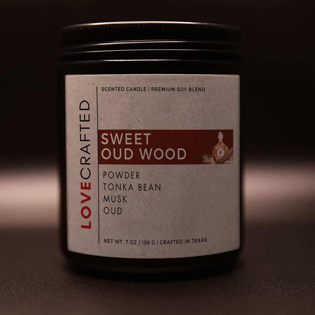 Sweet Oud Wood 7oz soy blend candle in amber jar