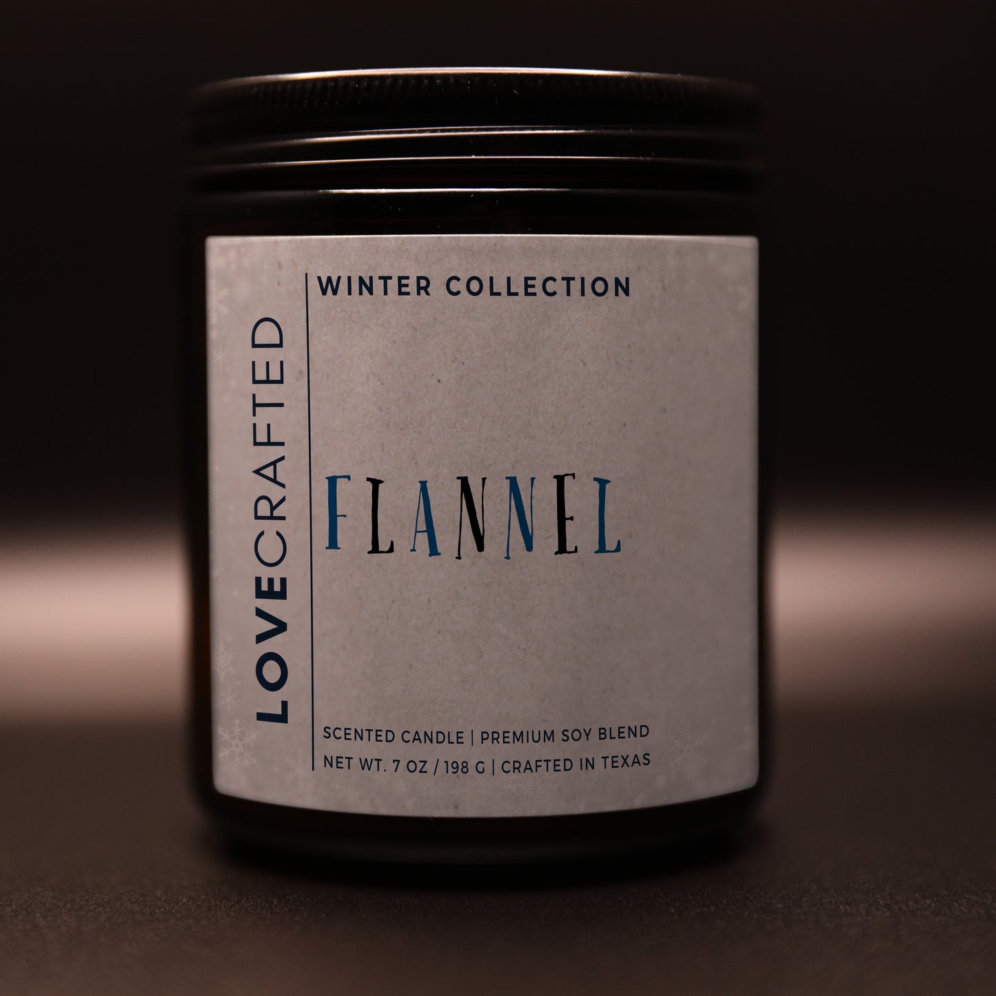 Flannel 7oz soy blend candle in amber jar