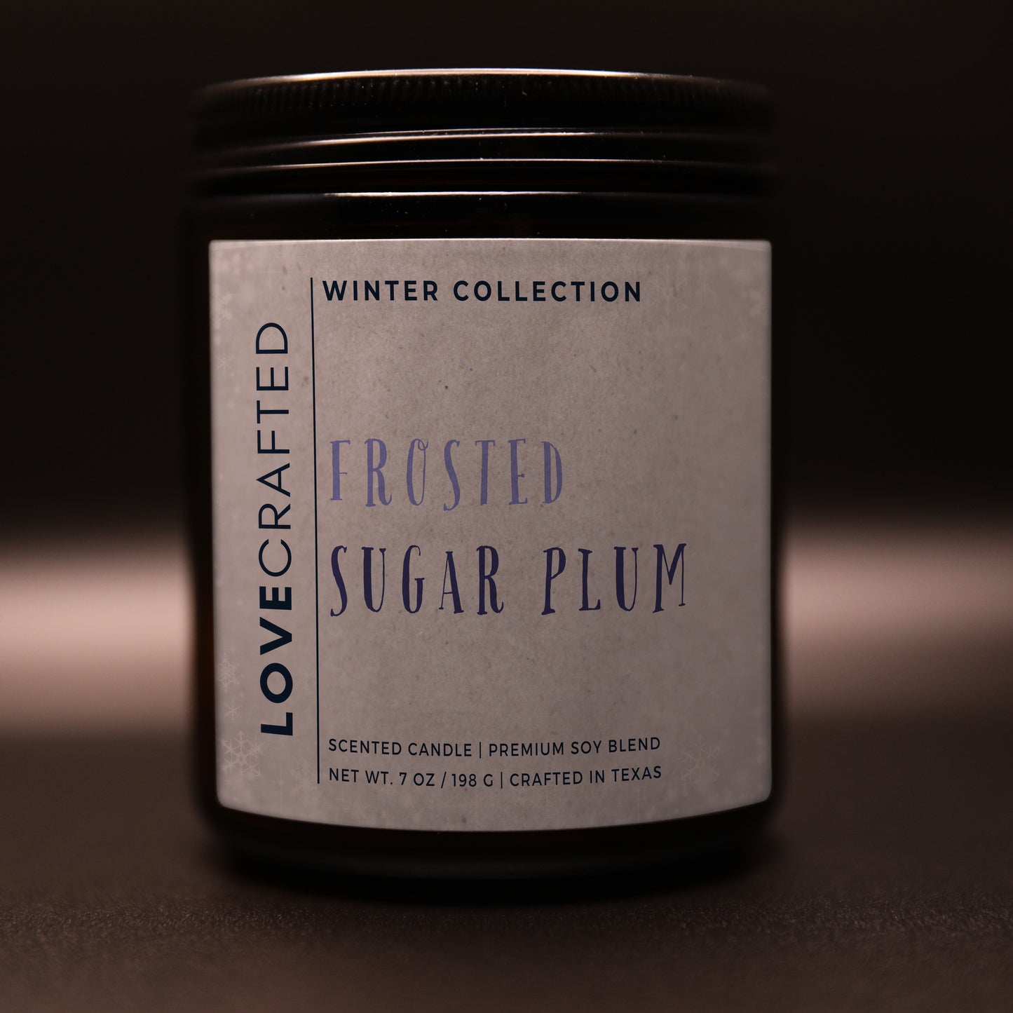 Frosted Sugar Plum 7oz soy blend candle in amber jar