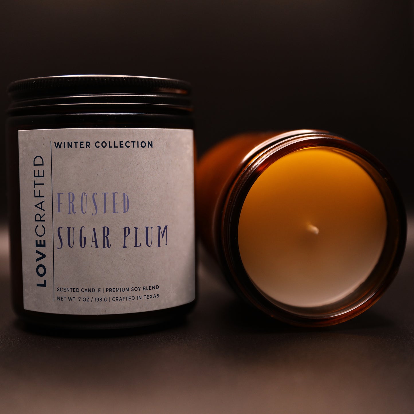 Frosted Sugar Plum candle with lid off showing the wax