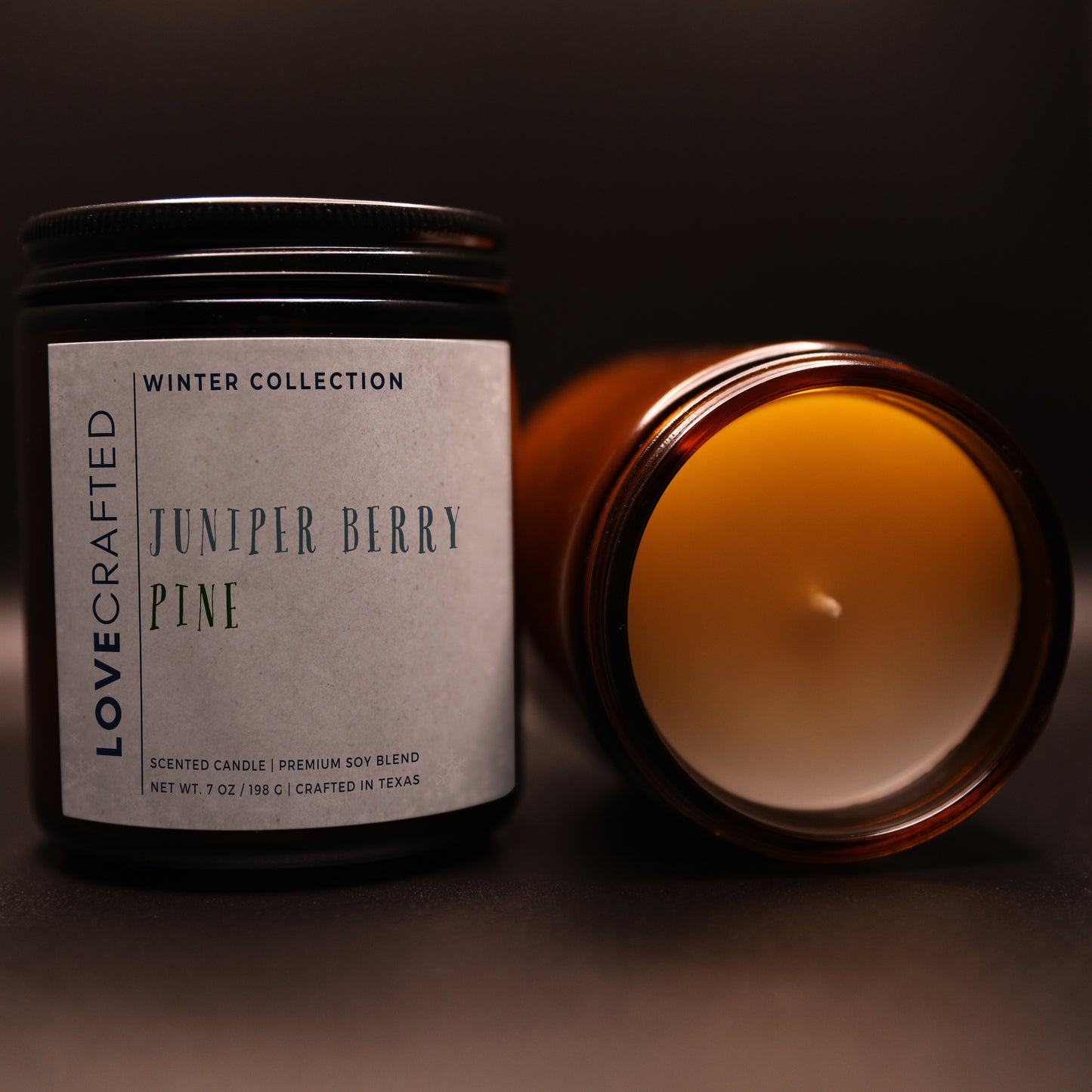 Juniper Berry Pine candle with lid off showing the wax