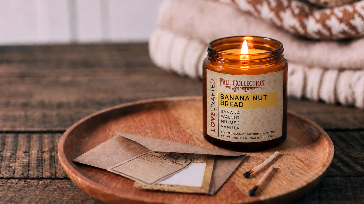 Banana Nut Bread 7oz scented soy blend candle by Lovecrafted, lit in an amber jar on a wooden tray - Fall Collection with banana, walnut, nutmeg and vanilla notes