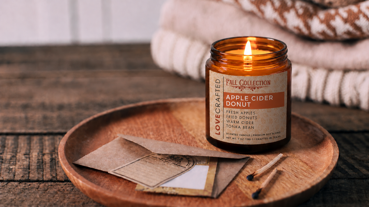 Apple Cider Donut 7oz scented soy blend candle by Lovecrafted, lit in an amber jar on a wooden tray - Fall Collection with fresh apple, warm cider and tonka bean notes