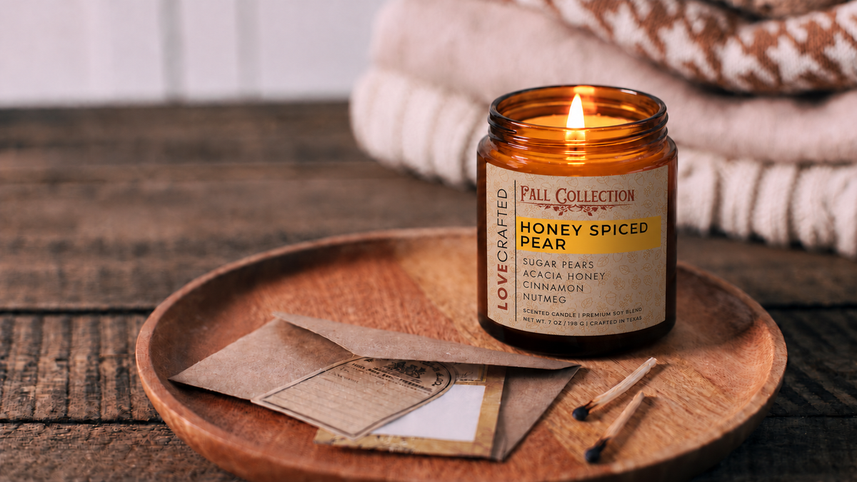 Honey Spiced Pear 7oz scented soy blend candle by Lovecrafted, lit in an amber jar on a wooden tray - Fall Collection with sugar pear, acacia honey, cinnamon and nutmeg notes